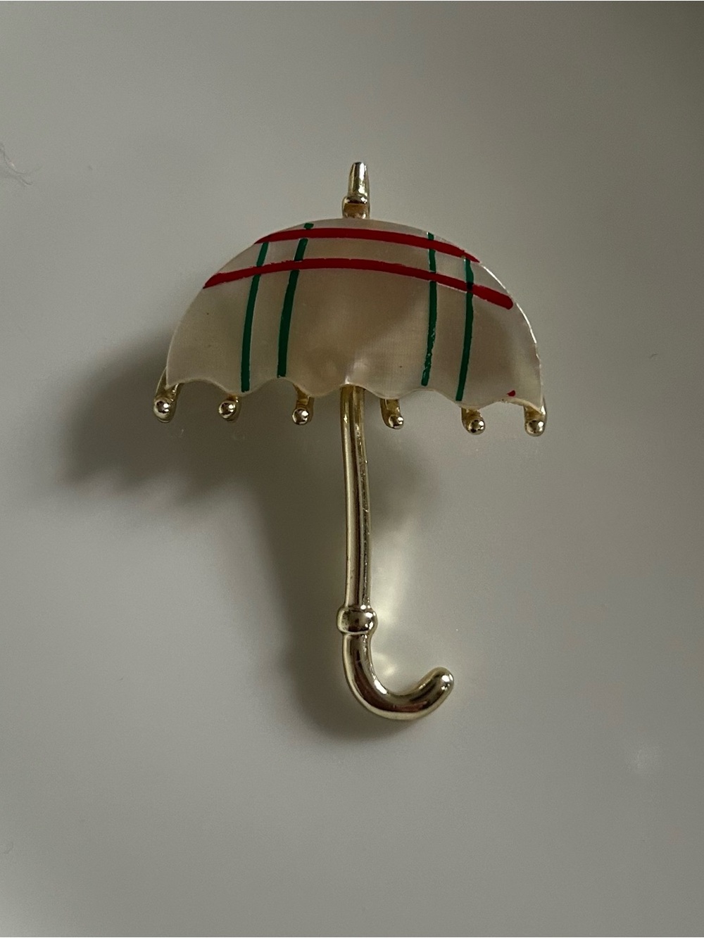 Umbrella Pin Brooch in White with Red and Green Stripes